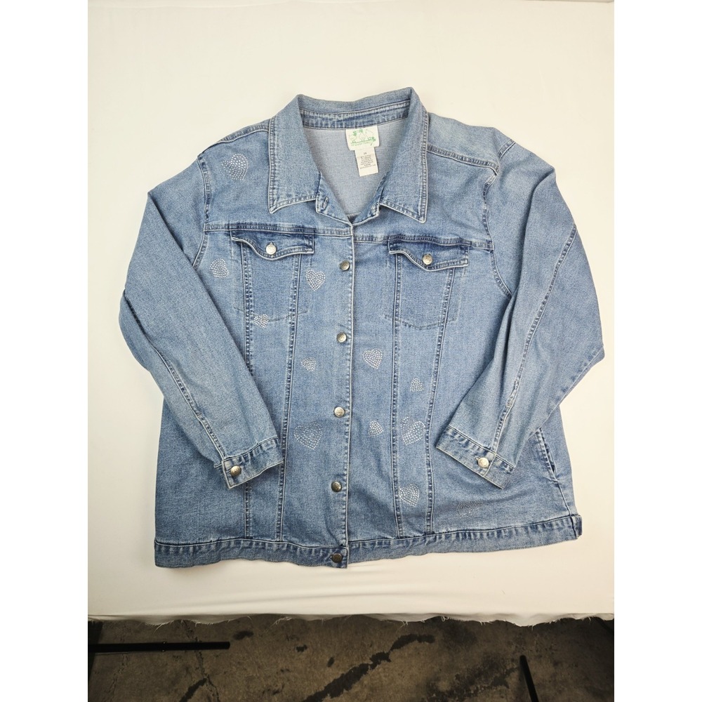 Womens Quacker Factory shirt sz 3X denim jean button up heart rhinestone